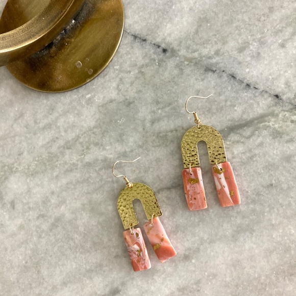 Horseshoe Gold Foil Flecked Polymer Clay Drop Pink and Gold Earrings - Picture 2 of 4